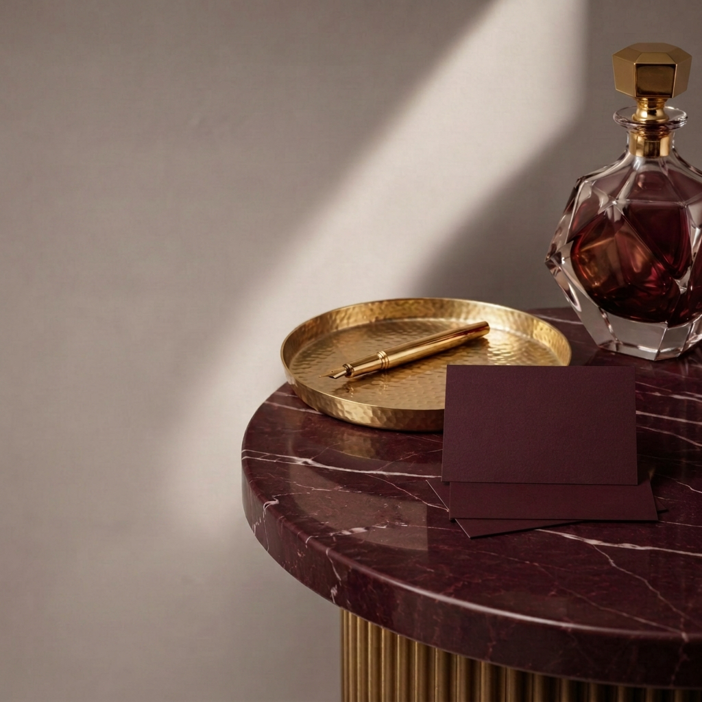 Burgundy marble table with brass tray, gold pen and crystal decanter